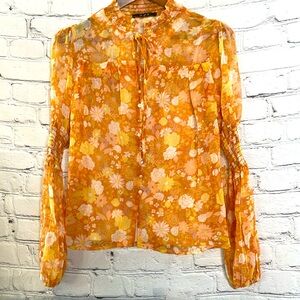 One Pretty Time O.P.T. Orange Floral Lined Long Sleeve Top Size Medium